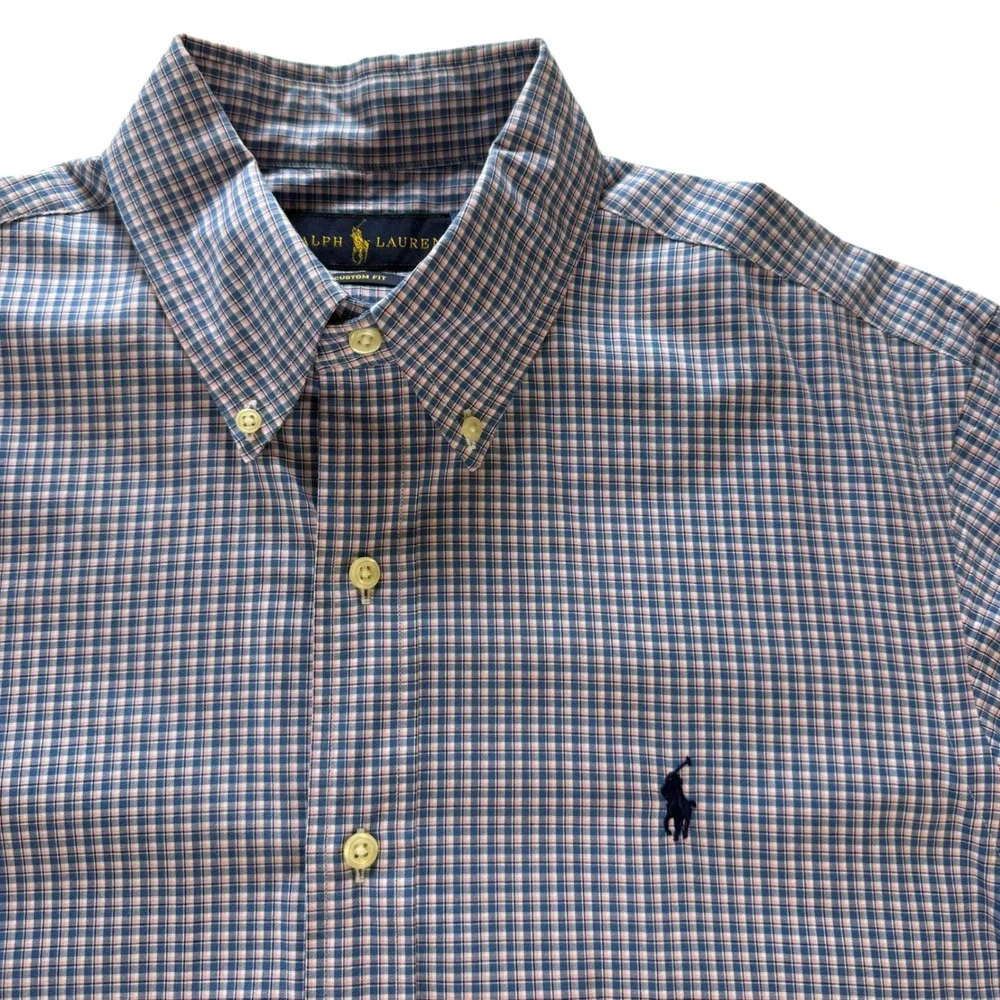 Ralph‎ Lauren Mens Custom Fit Gingham Button Down Shirt Blue Pink Size M